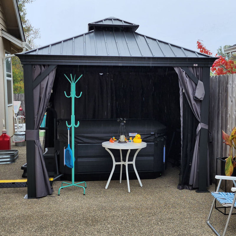 PURPLE LEAF Patio Gazebo for Backyard Grey Hardtop Galvanized Steel Roof Awning with Upgrade Curtain