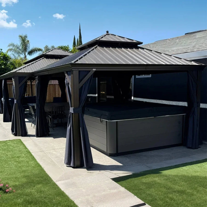 PURPLE LEAF Outdoor Hardtop Gazebo for Patio Bronze Aluminum Frame Pavilion with Navy-Blue Curtain and String Lights-clear