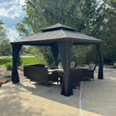 PURPLE LEAF Outdoor Hardtop Gazebo for Patio Bronze Aluminum Frame Pavilion with Navy-Blue Curtain and String Lights-milky
