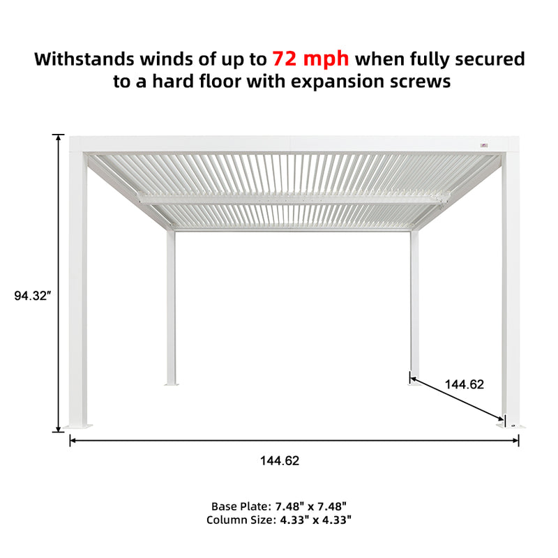 PURPLE LEAF Louvered Pergola White Outdoor Aluminum Pergola with Roller Blind Adjustable Gazebo Rainproof for Patio Deck Garden