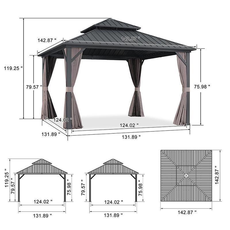 PURPLE LEAF Grey Hardtop Gazebo with Heavy Duty Galvanized Steel Double Roof with String Lights