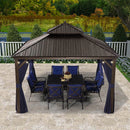 PURPLE LEAF Outdoor Hardtop Gazebo for Patio Bronze Aluminum Frame Pavilion with Navy-Blue Curtain and String Lights-clear