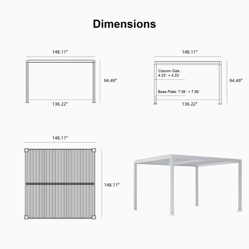 PURPLE LEAF Athena Louvered Pergola white Outdoor Aluminum Pergola with Shutter Wall Adjustable Gazebo Rainproof for Patio Deck Garden