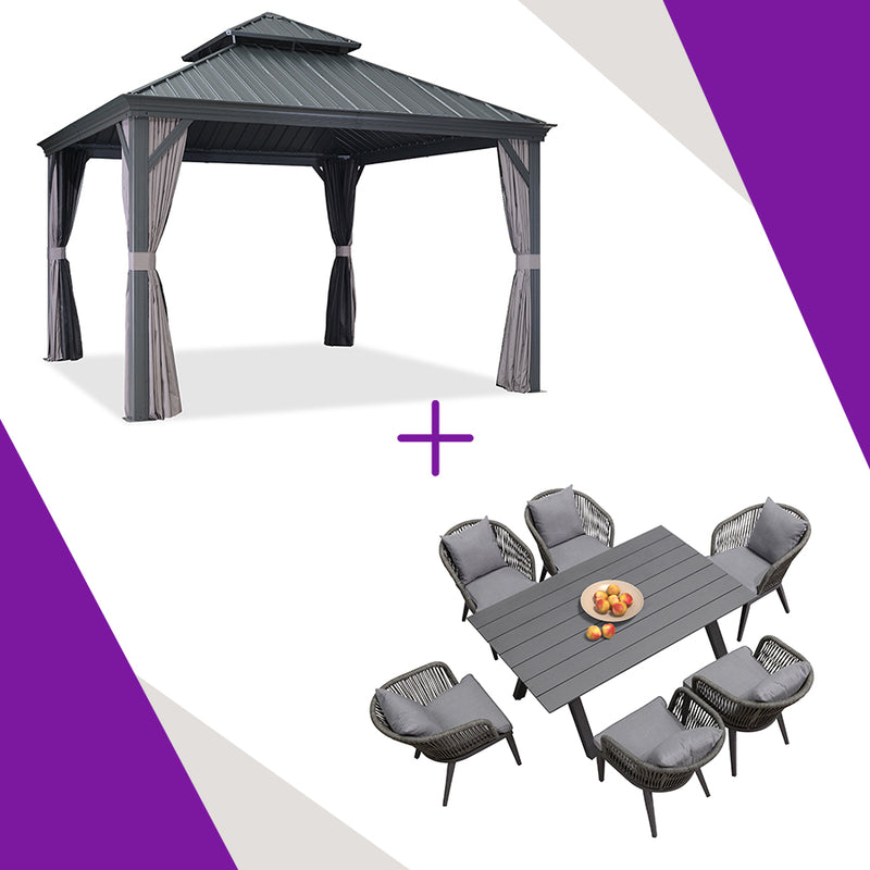 【Outdoor Idea】PURPLE LEAF Patio Gazebo with Aluminum Frame Grey Dining Sets-Bundle Set