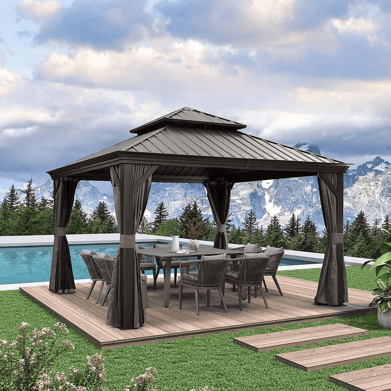 OPEN BOX I PURPLE LEAF Patio Gazebo for Backyard Grey Hardtop Galvanized Steel Roof Awning with Upgrade Curtain