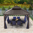 PURPLE LEAF Outdoor Hardtop Gazebo for Patio Bronze Aluminum Frame Pavilion with Navy-Blue Curtain and String Lights-clear