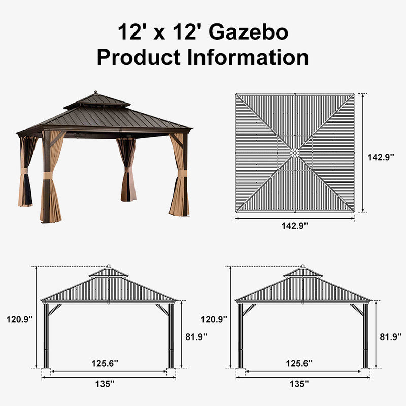 PURPLE LEAF Outdoor Hardtop Gazebo for Garden Bronze Double Roof Aluminum Frame Pavilion