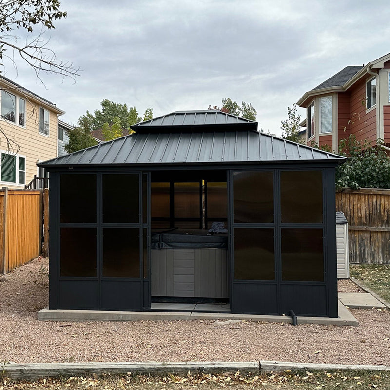 PURPLE LEAF Sunroom Hardtop Gazebo Solarium Grey Galvanized Steel Double Roof  All-Weather Aluminum Outdoor Screen House