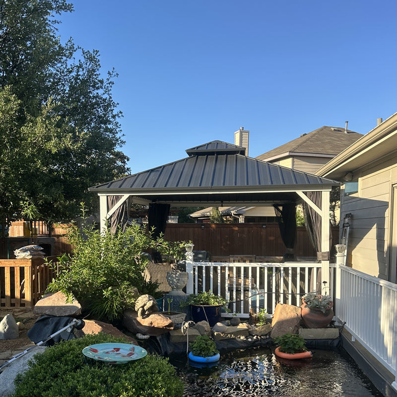 PURPLE LEAF Modern Gazebo Grey Hardtop Galvanized Steel Double Roof White Aluminum Poles with Curtains and Netting
