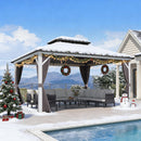 PURPLE LEAF Modern Gazebo Grey Hardtop Galvanized Steel Double Roof White Aluminum Poles with Curtains and Netting