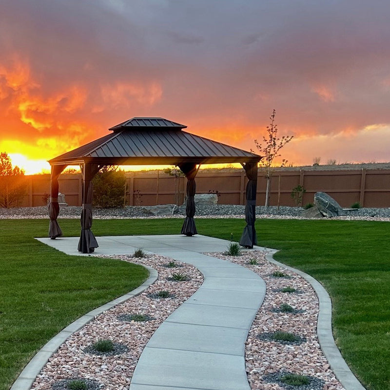 PURPLE LEAF Patio Gazebo for Backyard Grey Hardtop Galvanized Steel Roof Awning with Upgrade Curtain