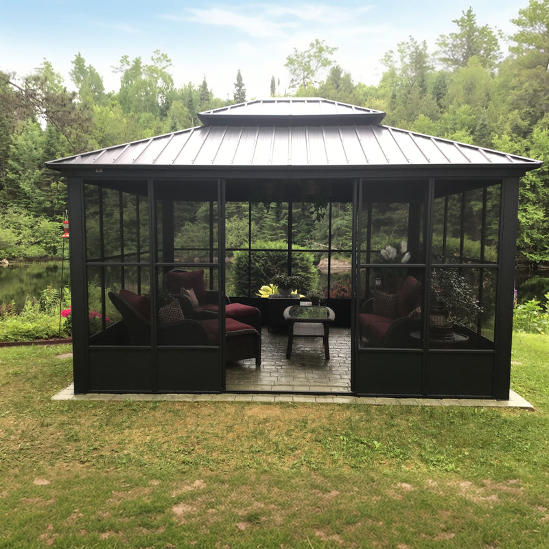 PURPLE LEAF Sunroom Hardtop Gazebo Solarium Grey Galvanized Steel Double Roof  All-Weather Aluminum Outdoor Screen House with String Lights