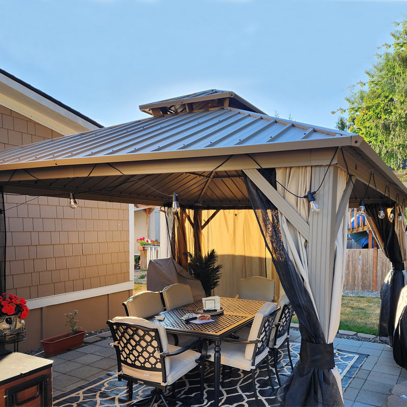 PURPLE LEAF Outdoor Hardtop Gazebo Champagne Metal Frame Galvanized Steel Double Roof with Curtains and Netting for Poolside