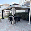 PURPLE LEAF Deck Gazebo Champagne Hardtop Metal Frame Double Roof with Curtains and Netting