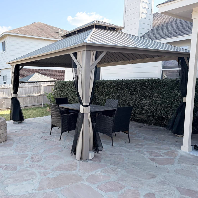 PURPLE LEAF Deck Gazebo Champagne Hardtop Metal Frame Double Roof with Curtains and Netting