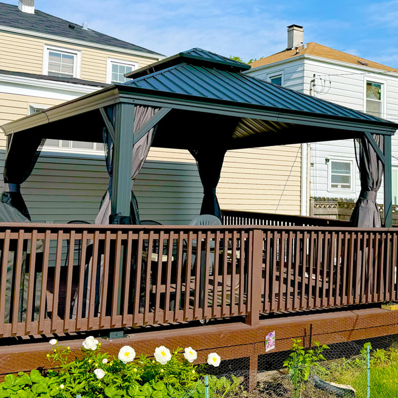 PURPLE LEAF Patio Gazebo for Backyard Grey Hardtop Galvanized Steel Roof Awning with String Lights-clear