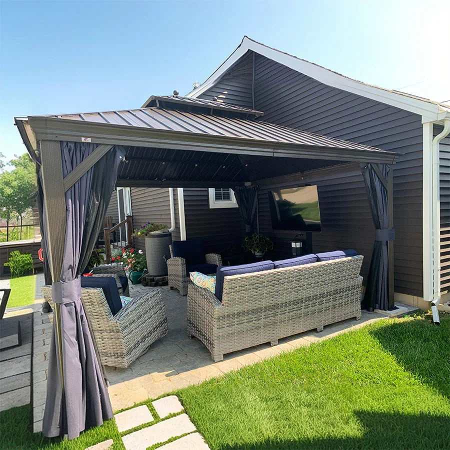 Bronze Aluminum Frame Hardtop Gazebo | Navy Curtains