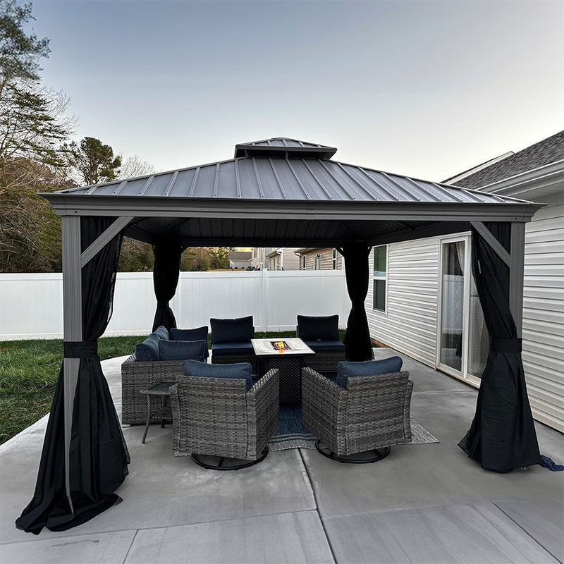 PURPLE LEAF Patio Gazebo for Pool Light Grey Hardtop Galvanized Steel Roof with String Lights