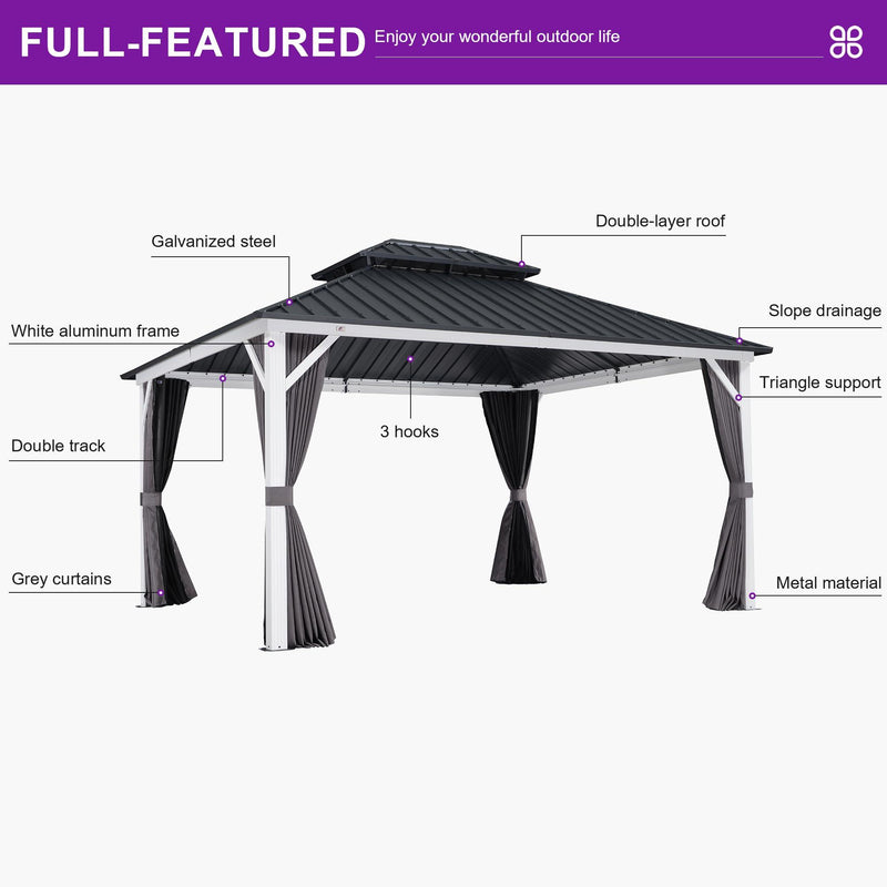 PURPLE LEAF Patio Hardtop Gazebo for Outdoor Grey Galvanized Steel Double Roof White Aluminum Poles with Curtains and Netting