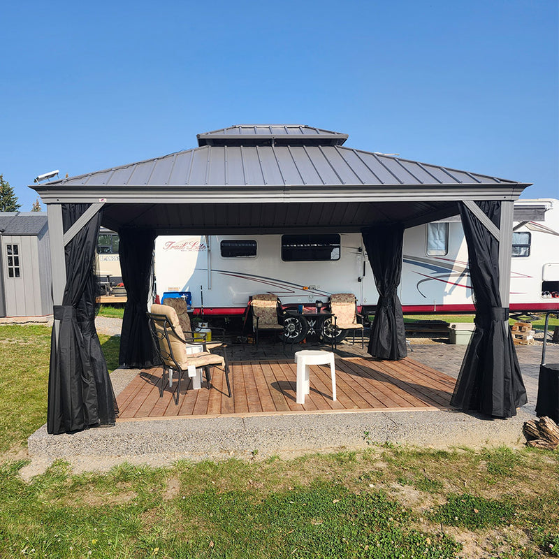PURPLE LEAF Patio Gazebo for Pool Light Grey Hardtop Galvanized Steel Roof with Upgraded Curtains