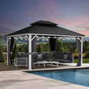 PURPLE LEAF Patio Hardtop Gazebo for Outdoor Grey Galvanized Steel Double Roof White Aluminum Poles with Curtains and String Lights-clear