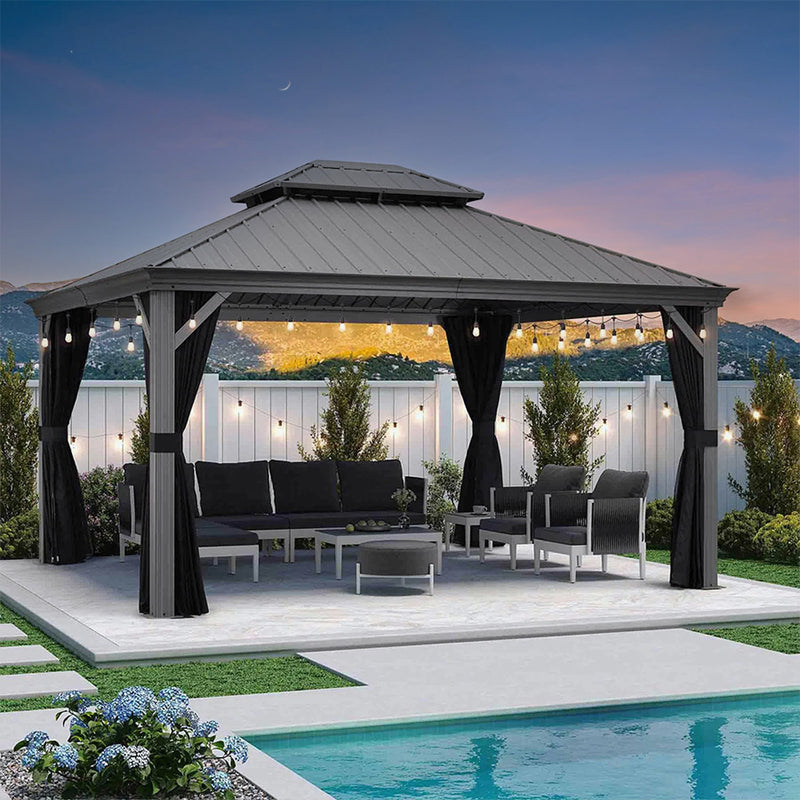 PURPLE LEAF Patio Gazebo for Pool Light Grey Hardtop Galvanized Steel Roof with String Lights