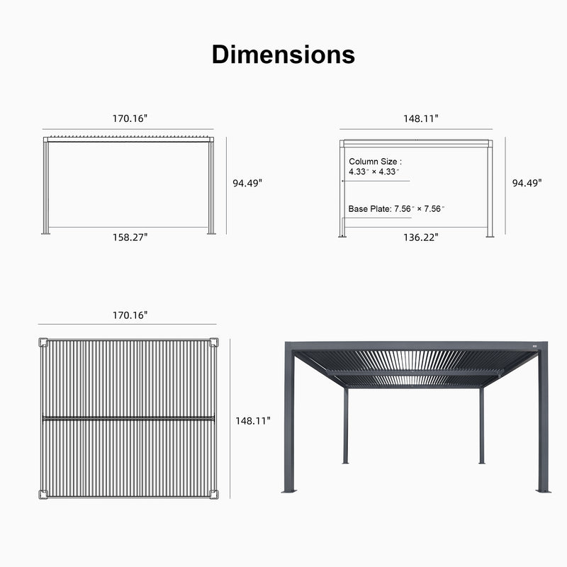 PURPLE LEAF Athena Louvered Pergola Grey Outdoor Aluminum Pergola with Strip Lights Adjustable Gazebo for Patio Deck Garden