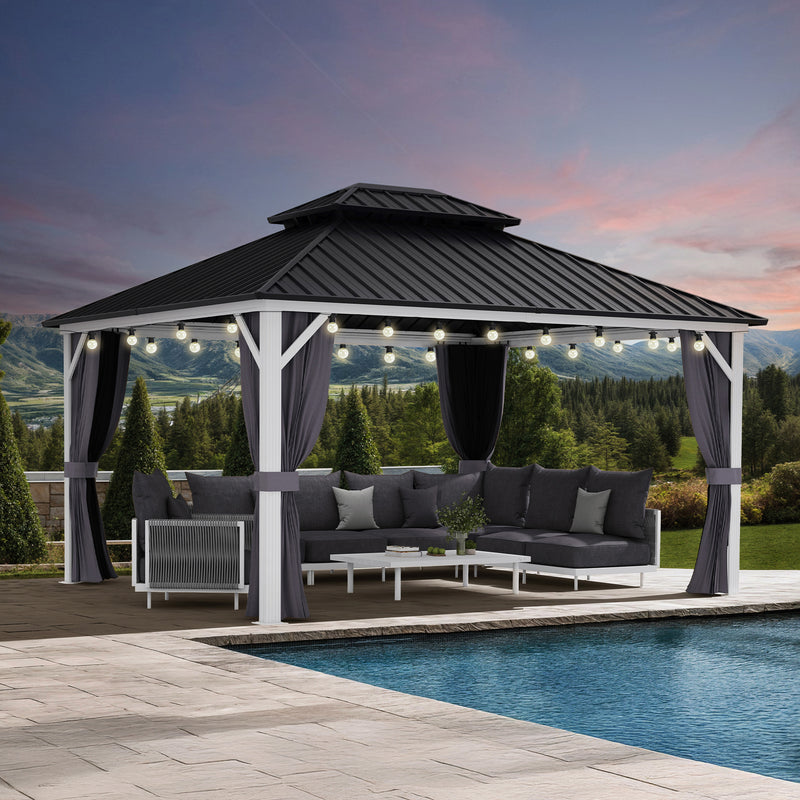 PURPLE LEAF Patio Hardtop Gazebo for Outdoor Grey Galvanized Steel Double Roof White Aluminum Poles with Curtains and String Lights-clear