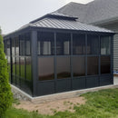 PURPLE LEAF Sunroom Hardtop Gazebo Solarium Grey Galvanized Steel Double Roof  All-Weather Aluminum Outdoor Screen House with String Lights