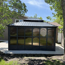 PURPLE LEAF Sunroom Hardtop Gazebo Solarium Grey Galvanized Steel Double Roof  All-Weather Aluminum Outdoor Screen House with String Lights