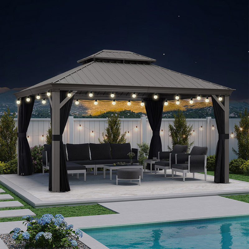 PURPLE LEAF Patio Gazebo for Pool Light Grey Hardtop Galvanized Steel Roof with String Lights