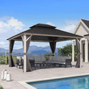 PURPLE LEAF Modern Gazebo Grey Hardtop Galvanized Steel Double Roof White Aluminum Poles with Curtains and Netting