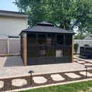PURPLE LEAF Sunroom Hardtop Gazebo with Wood Grain Columns Black Frame Double Roof Galvanized Steel Solarium All-Weather Screen House with String Lights