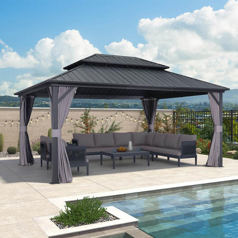 PURPLE LEAF Grey Hardtop Gazebo with Heavy Duty Galvanized Steel Double Roof with Netting and Curtains
