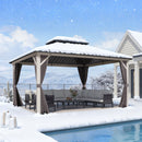 PURPLE LEAF Modern Gazebo Grey Hardtop Galvanized Steel Double Roof White Aluminum Poles with Curtains and Netting with Lights-milky