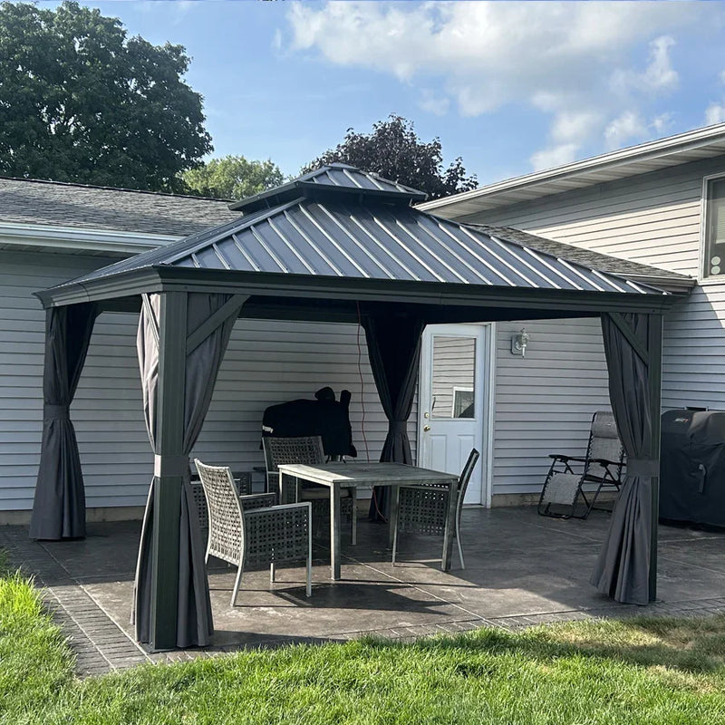PURPLE LEAF Patio Gazebo for Backyard Grey Hardtop Galvanized Steel Roof Awning with Upgrade Curtain