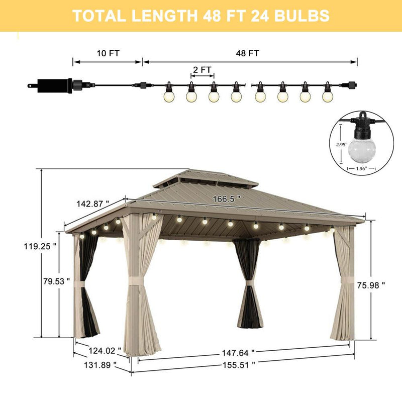 PURPLE LEAF Outdoor Hardtop Gazebo Champagne Metal Frame Galvanized Steel Double Roof with Curtains and Netting for Poolside with Lights-clear