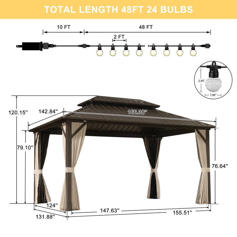 PURPLE LEAF  Outdoor Hardtop Gazebo Bronze Metal Frame Galvanized Steel Double Roof with Lights-clear