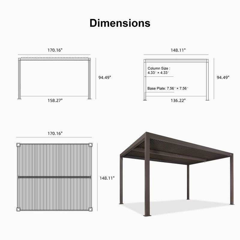 PURPLE LEAF Athena Louvered Pergola Bronze Outdoor Aluminum Pergola with Shutter Wall Adjustable Gazebo Rainproof for Patio Deck Garden