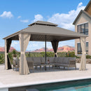 PURPLE LEAF Deck Gazebo Champagne Hardtop Metal Frame Double Roof with Curtains Netting and Reinforcement Support Rods