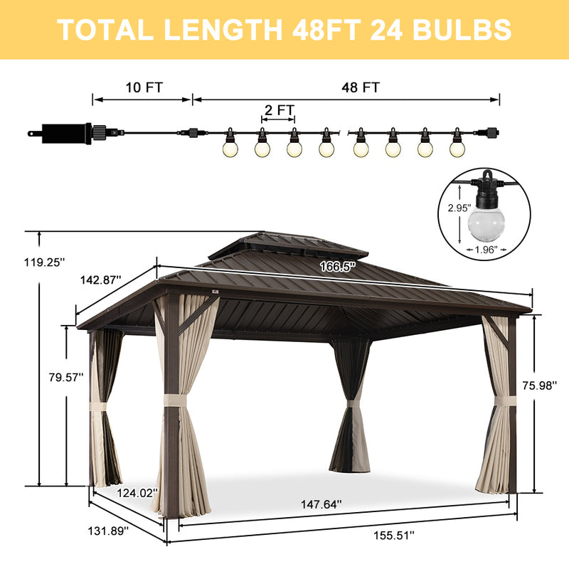 PURPLE LEAF  Outdoor Hardtop Gazebo Bronze Metal Frame Galvanized Steel Double Roof with Lights-milky