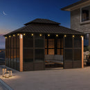 PURPLE LEAF Bronze Frame Sunroom Hardtop Gazebo Solarium Wood Grain Columns Galvanized Steel Double Roof All-Weather Screen House with Lights