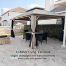 PURPLE LEAF Deck Gazebo Champagne Hardtop Metal Frame Double Roof with Curtains and Netting with Lights-clear