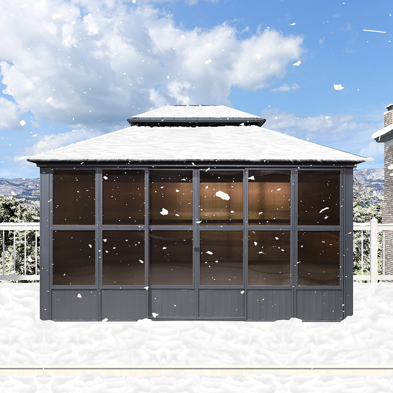 PURPLE LEAF Sunroom Hardtop Gazebo Solarium Grey Galvanized Steel Double Roof  All-Weather Aluminum Outdoor Screen House