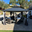 PURPLE LEAF Modern Gazebo Grey Hardtop Galvanized Steel Double Roof White Aluminum Poles with Curtains and Netting with Lights-milky