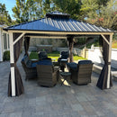 PURPLE LEAF Modern Gazebo Grey Hardtop Galvanized Steel Double Roof White Aluminum Poles with Curtains and Netting