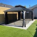 PURPLE LEAF Modern Gazebo Grey Hardtop Galvanized Steel Double Roof White Aluminum Poles with Curtains and Netting with Lights-clear