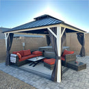 PURPLE LEAF Modern Gazebo Grey Hardtop Galvanized Steel Double Roof White Aluminum Poles with Curtains and Netting