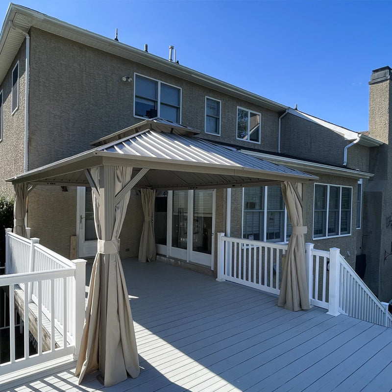 PURPLE LEAF Deck Gazebo Champagne Hardtop Metal Frame Double Roof with Curtains and Netting with Lights-milky