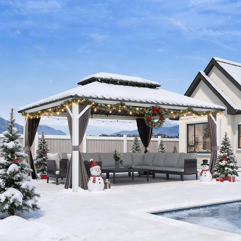 PURPLE LEAF Modern Gazebo Grey Hardtop Galvanized Steel Double Roof White Aluminum Poles with Curtains and Netting